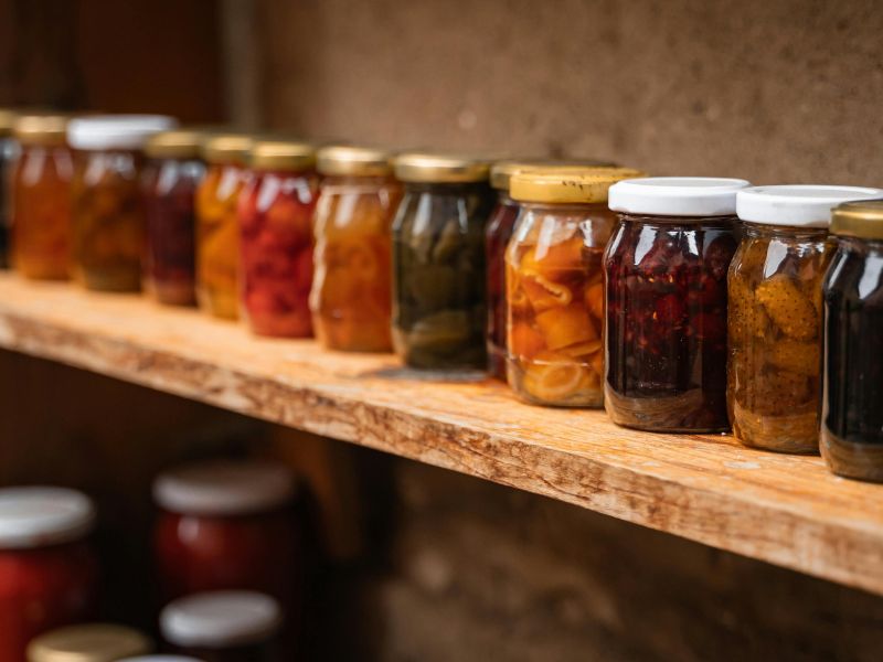 Organised pantry shelves with labelled preserving jars arranged by date using the FIFO method