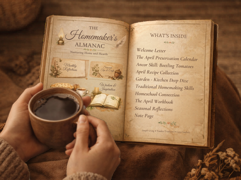 A person’s hands holding a warm cup of coffee while reading "The Homemaker’s Almanac," which is open to the "What’s Inside" page showing sections like the April Preservation Calendar, Bottling Tomatoes, and Homeschool Connection.